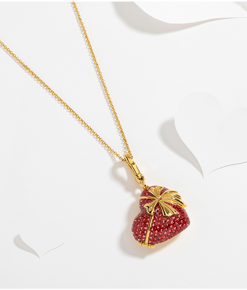 Red Heart With Bow Enamel Pendant Necklace Jewelry Gift