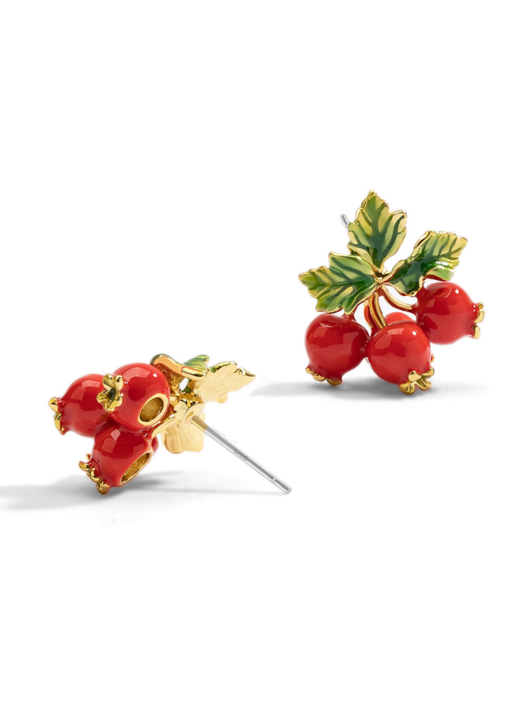 Red Fruit Hawthorn And Green Leaf Enamel Stud Earrings