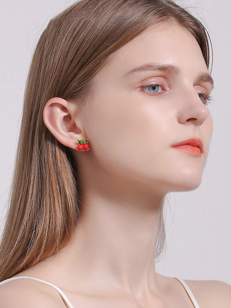 Red Fruit Hawthorn And Green Leaf Enamel Stud Earrings