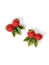 Red Fruit Hawthorn And Green Leaf Enamel Stud Earrings