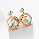 Bird Flower Branch And Bead Crystal Enamel Dangle Stud Earrings