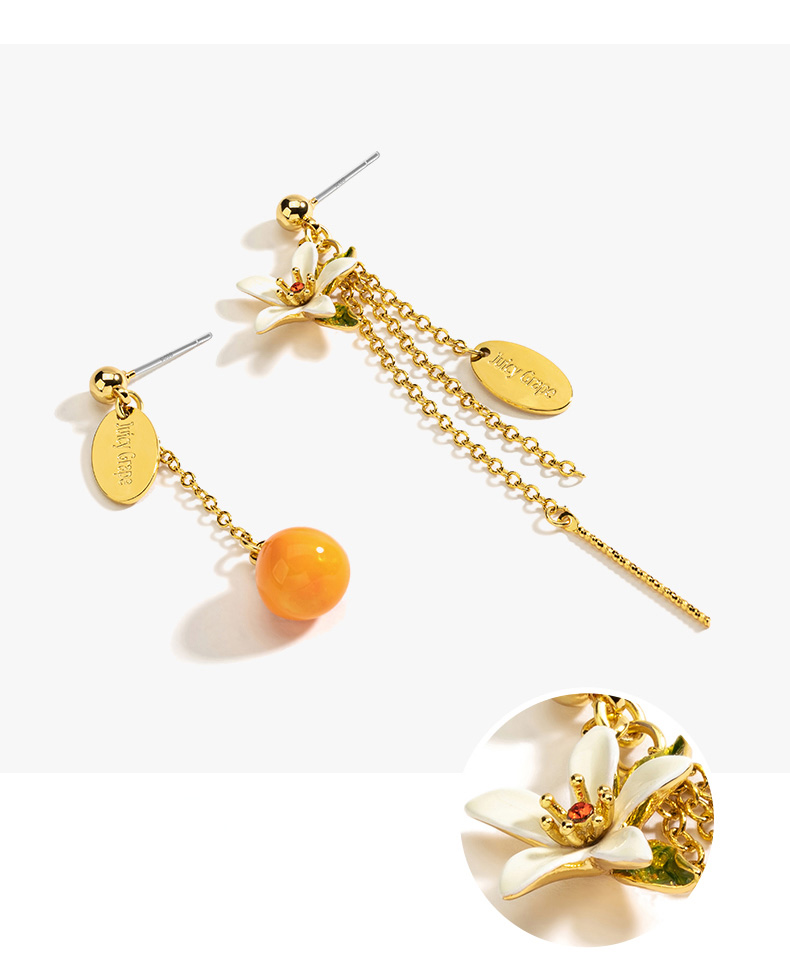 Orange Blossom Flower Asymmetrical Enamel Tassel Dangle Earrings Jewelry Gift