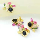 Canary Bird Pink Flower And Black Stone Enamel Earrings