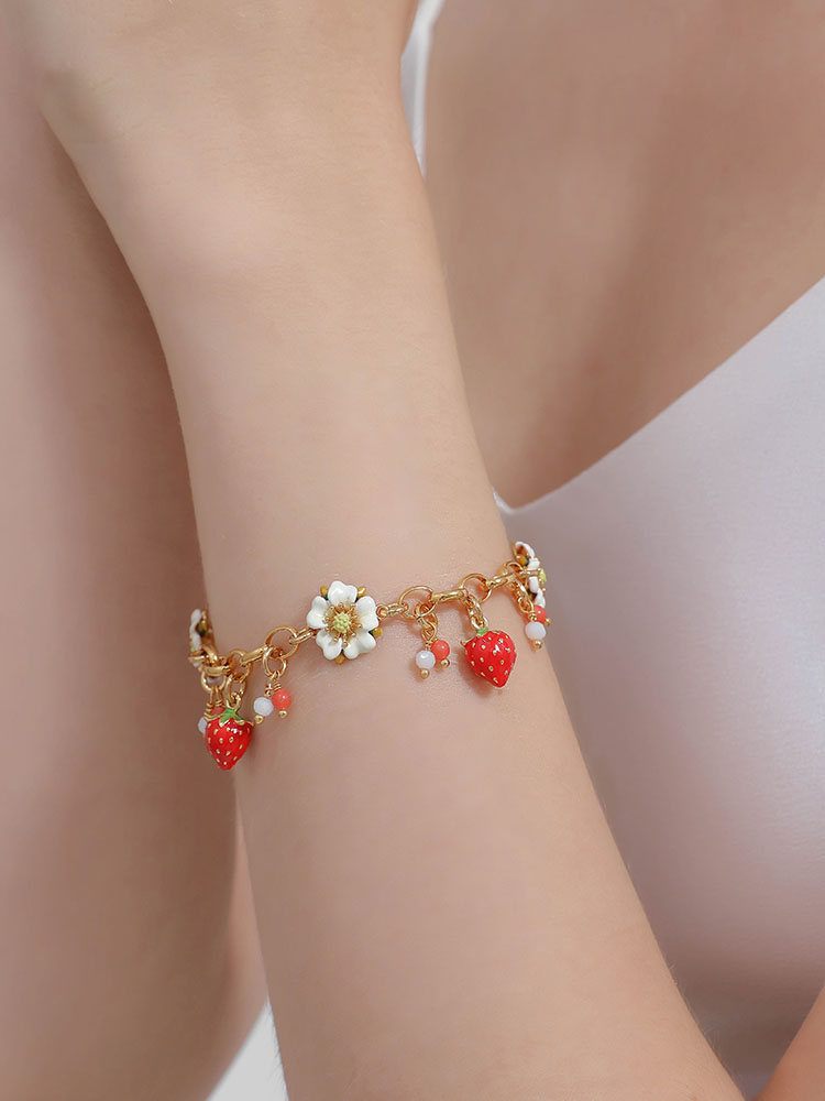 Fruit Strawberry And Flower Enamel Charm Bracelet