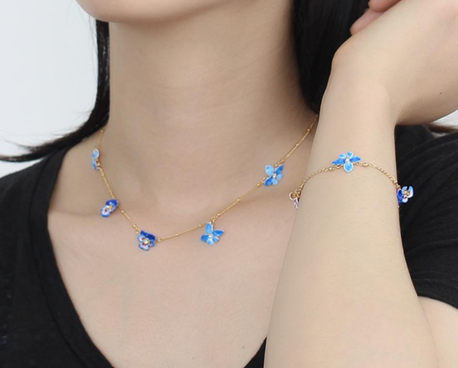 Pansy Flower Blue And Crystal Enamel Charm Necklace