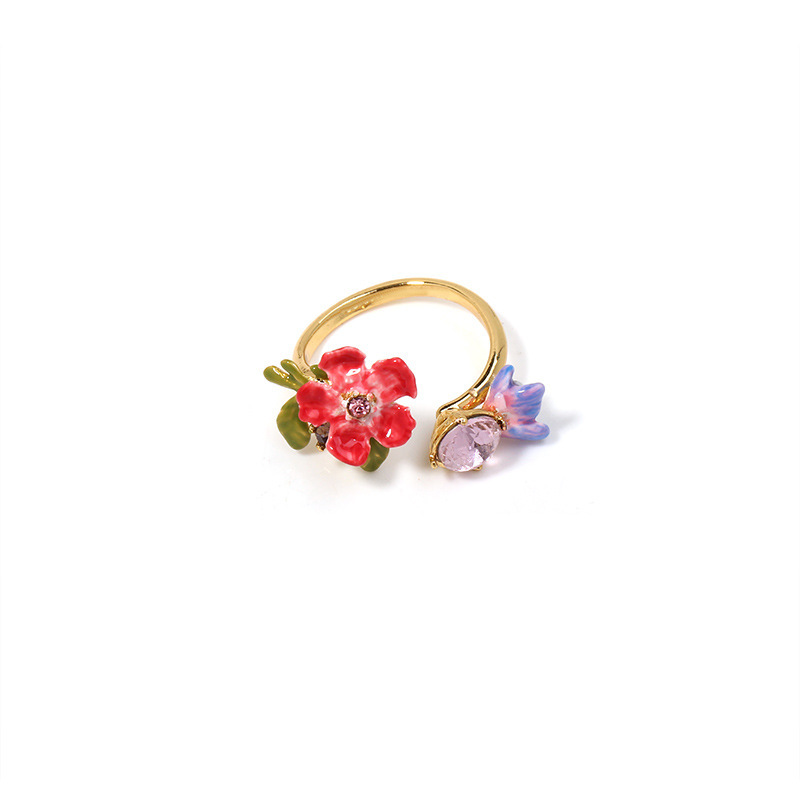 Pansy Red Blue Flower And Crystal Enamel Adjustable Ring