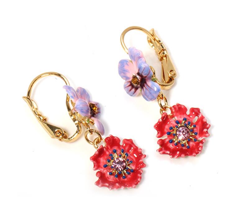 Pansy Red White Flower And Crystal Enamel Dangle Earrings