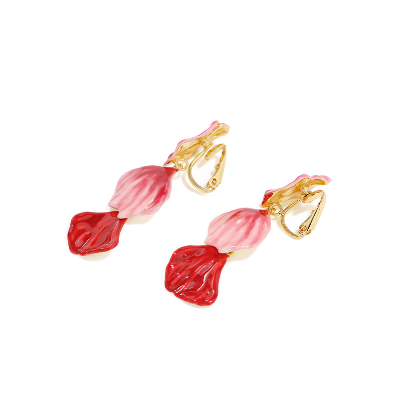 Camellia Red Pink Flower Petal Enamel Earrings