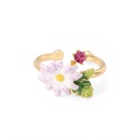 Daisy Purple White Flower Leaf And Crystal Enamel Adjustable Ring
