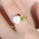 Daisy Purple White Flower Leaf And Crystal Enamel Adjustable Ring
