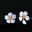 White Cherry Blossom Flower Petals Asymmetrical Enamel Earrings