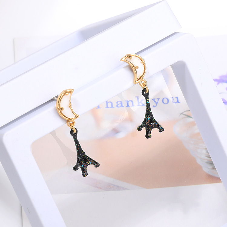 Eiffel Tower Moon Enamel Earrings Jewelry Stud Clip Earrings