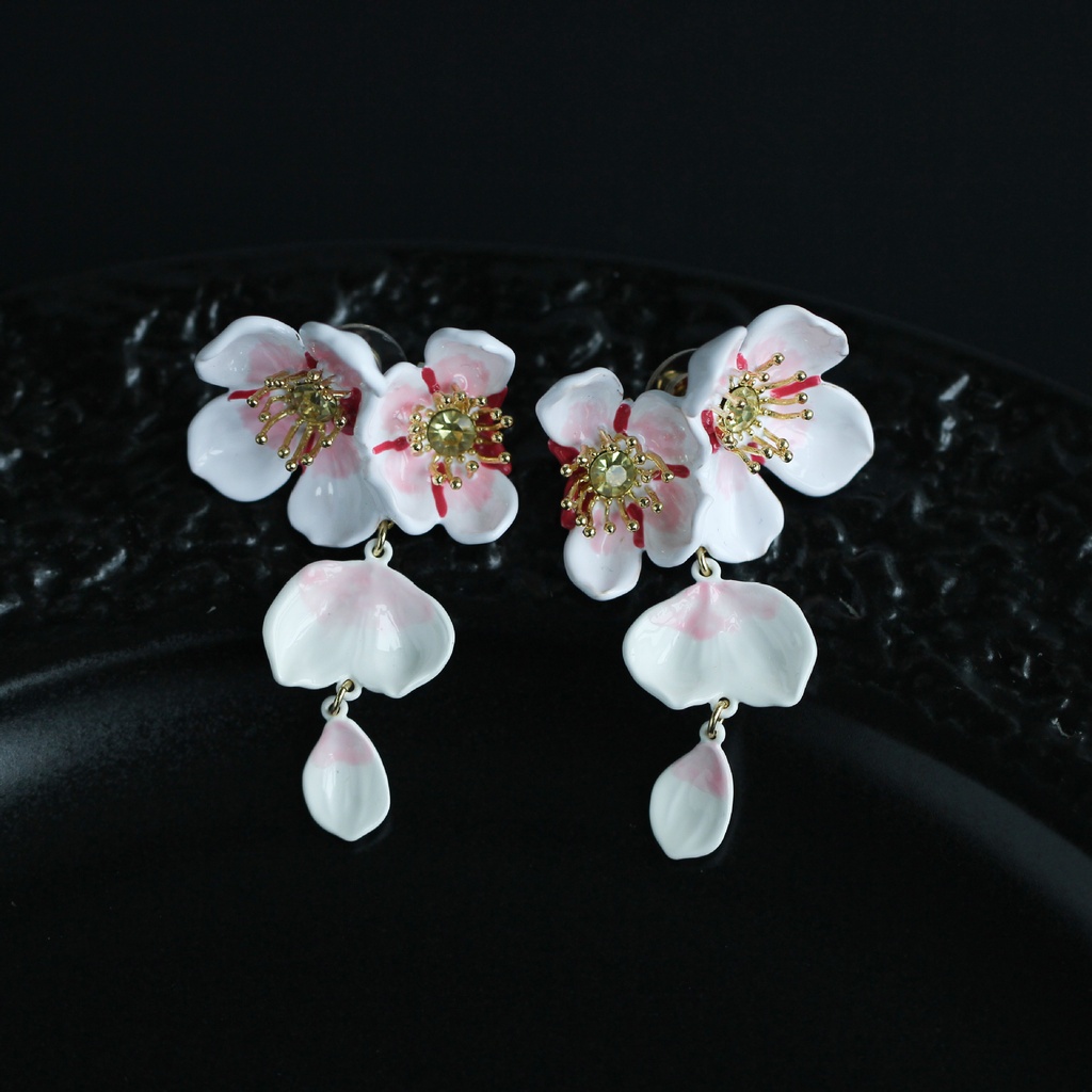White Cherry Blossom Flower Petals Enamel Dangle Earrings