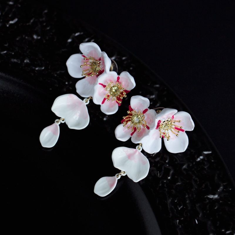 White Cherry Blossom Flower Petals Enamel Dangle Earrings