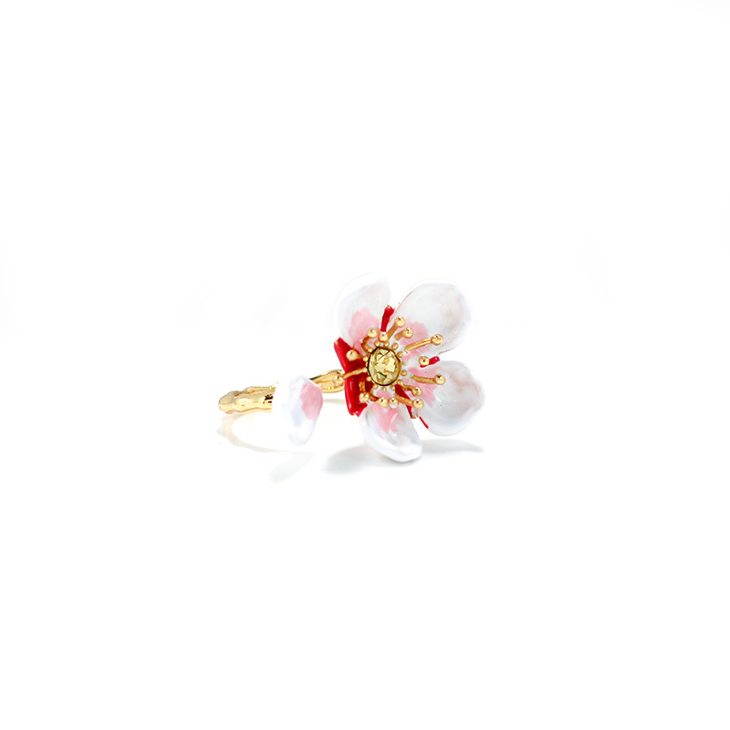 White Cherry Blossom Flower Petals Enamel Adjustable Ring