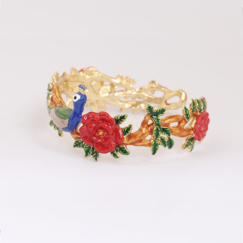 Peacock And Red Rose Flower Enamel Bangle Bracelet