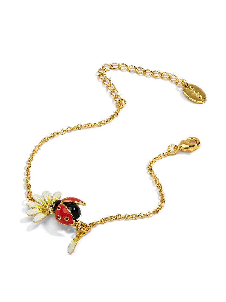 Daisy White Flower And Ladybug Enamel Thin Bracelet