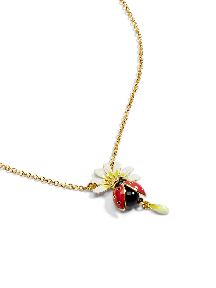 Daisy White Flower And Ladybug Enamel Pendant Necklace