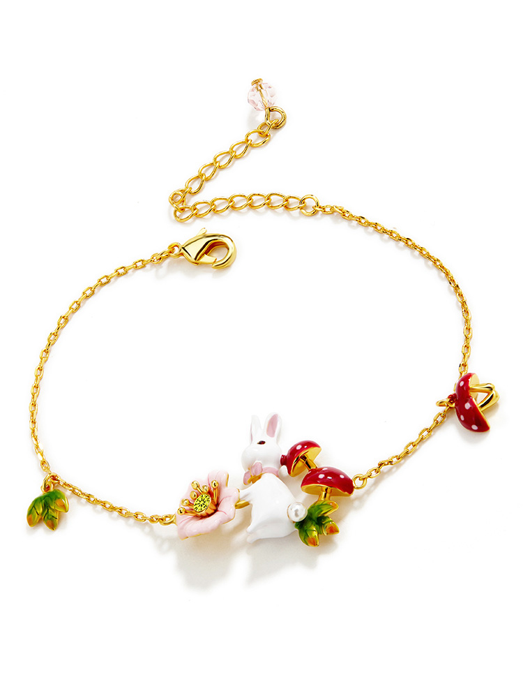 Rabbit Cute Bunny With Flower And Mushroom Enamel Thin Bracelet