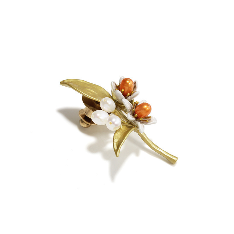 Orange Flower Pearl Enamel Brooch