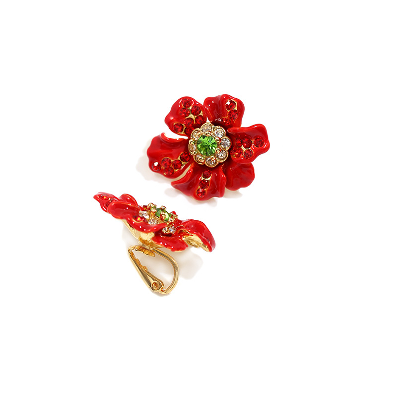 Red Purple Flower With Crystal Enamel Earrings