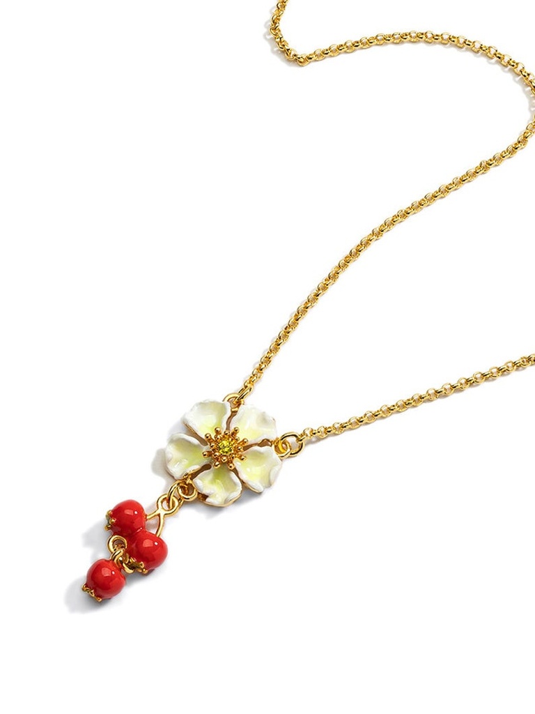 Red Fruit Hawthorn And White Flower Enamel Pendant Necklace Jewelry Gift