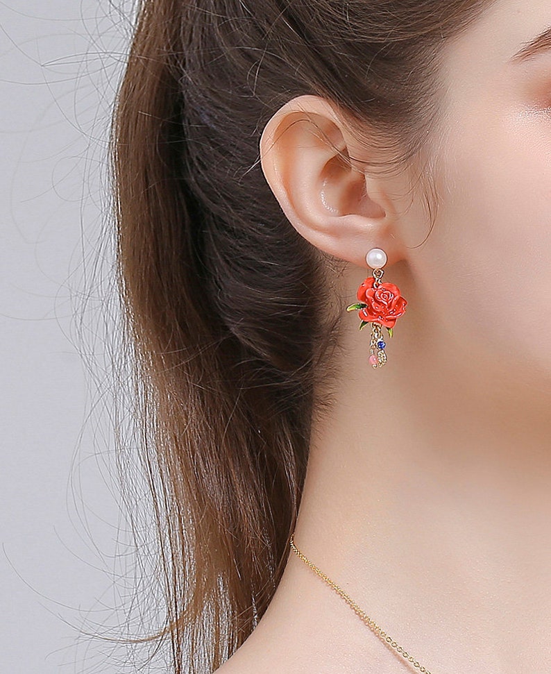 Red Rose Flower And Pearl Enamel Dangle Earrings Jewelry Gift