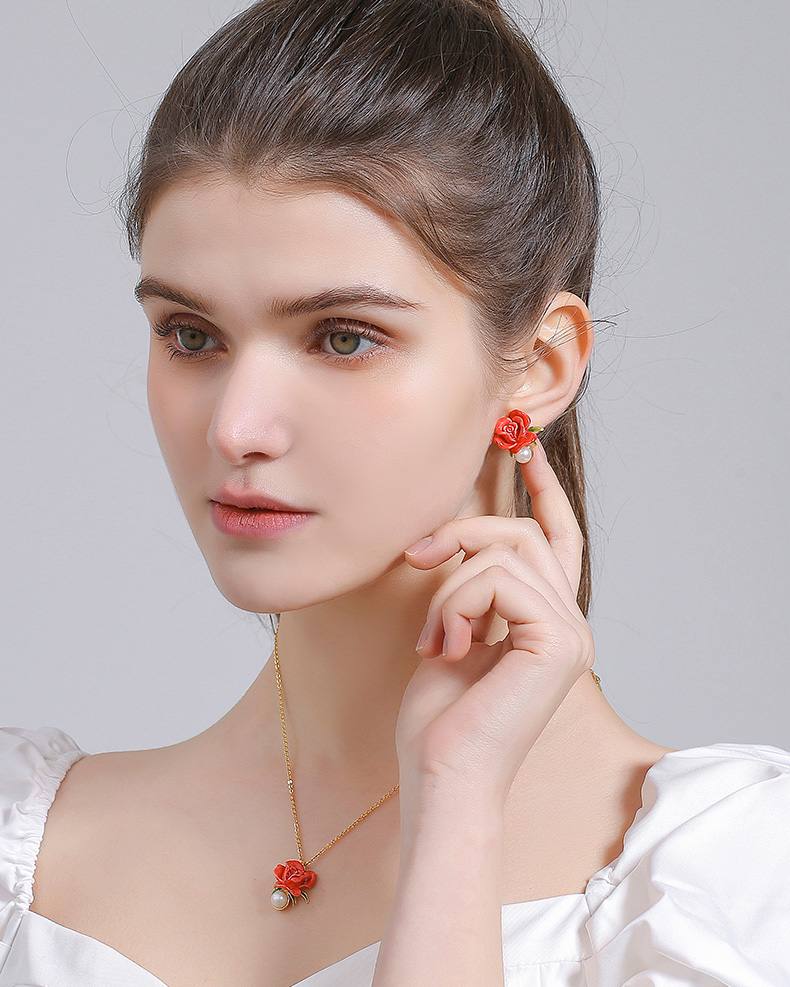 Red Rose Flower And Pearl Enamel Stud Earrings Jewelry Gift