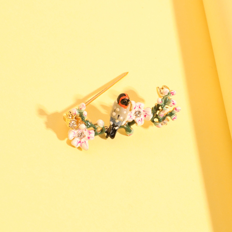 Enamel Bird Romantic Cherry Blossoms Series Tweet Bird Brooch
