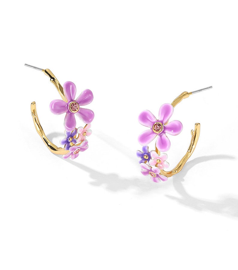 Purple Pink Flower C Shape Enamel Stud Earrings Jewelry Gift