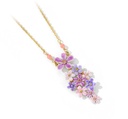 Pink Purple Flower And Crystal Enamel Pendant Necklace Jewelry Gift