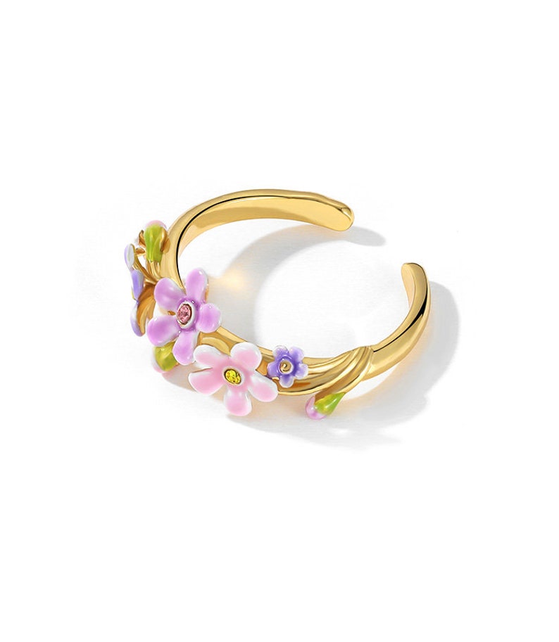 Purple Pink Flower And Crystal Enamel Adjustable Ring Jewelry Gift