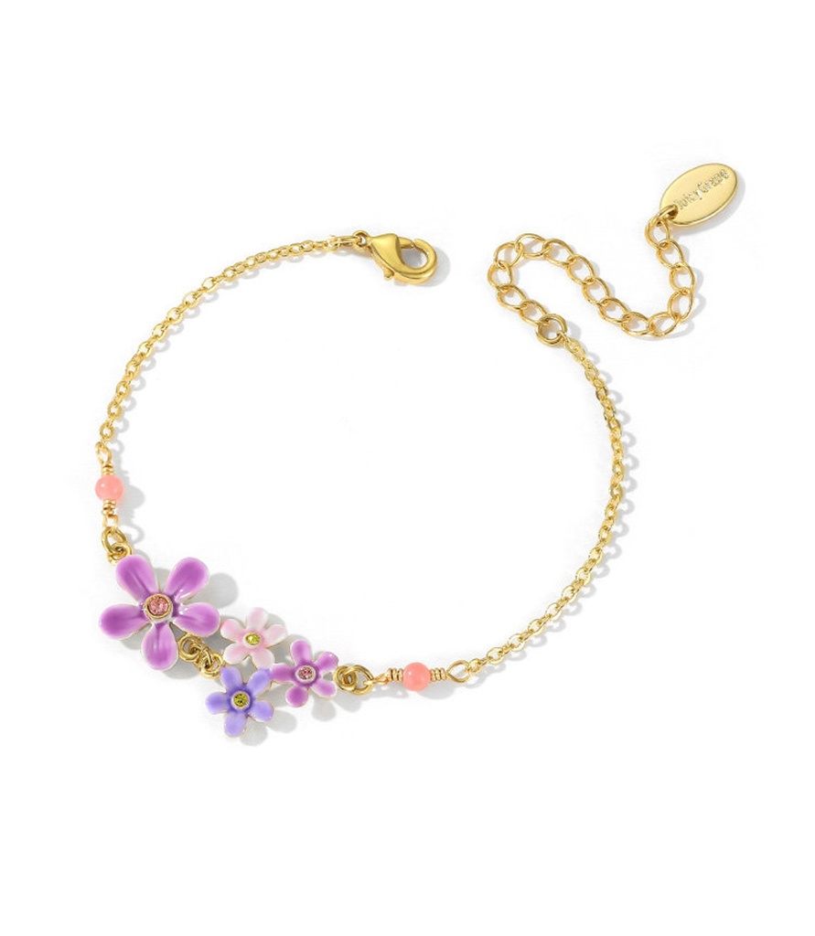 Purple Pink Flower And Crystal Enamel Think Bracelet Jewelry Gift