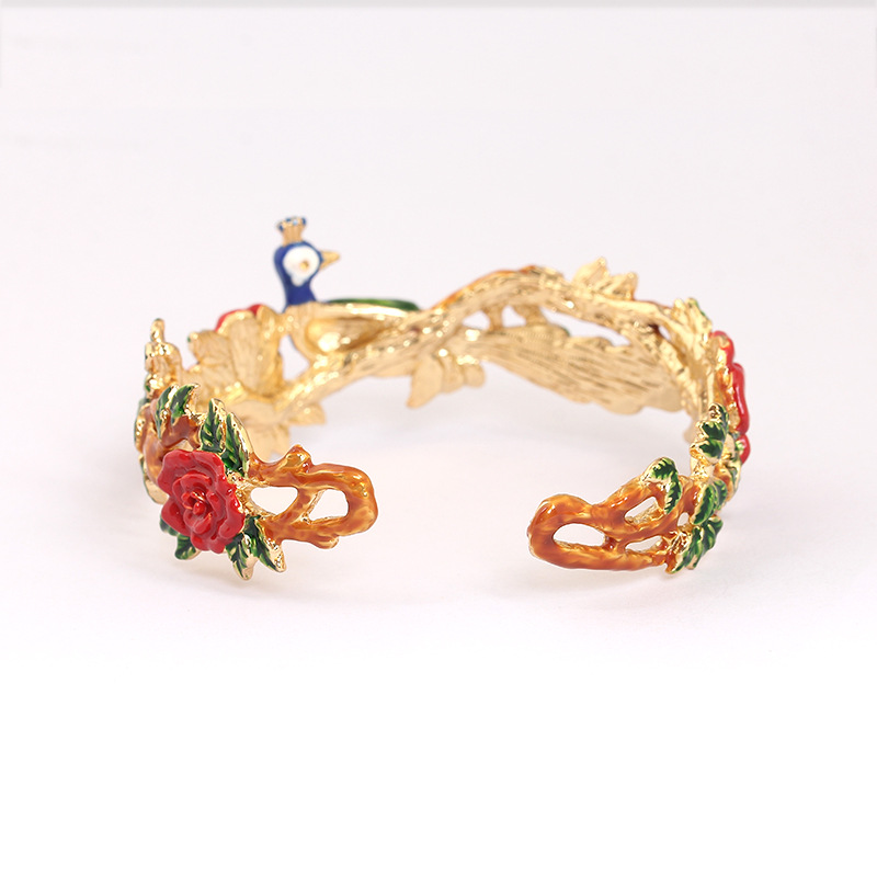 Peacock And Red Rose Flower Enamel Bangle Bracelet