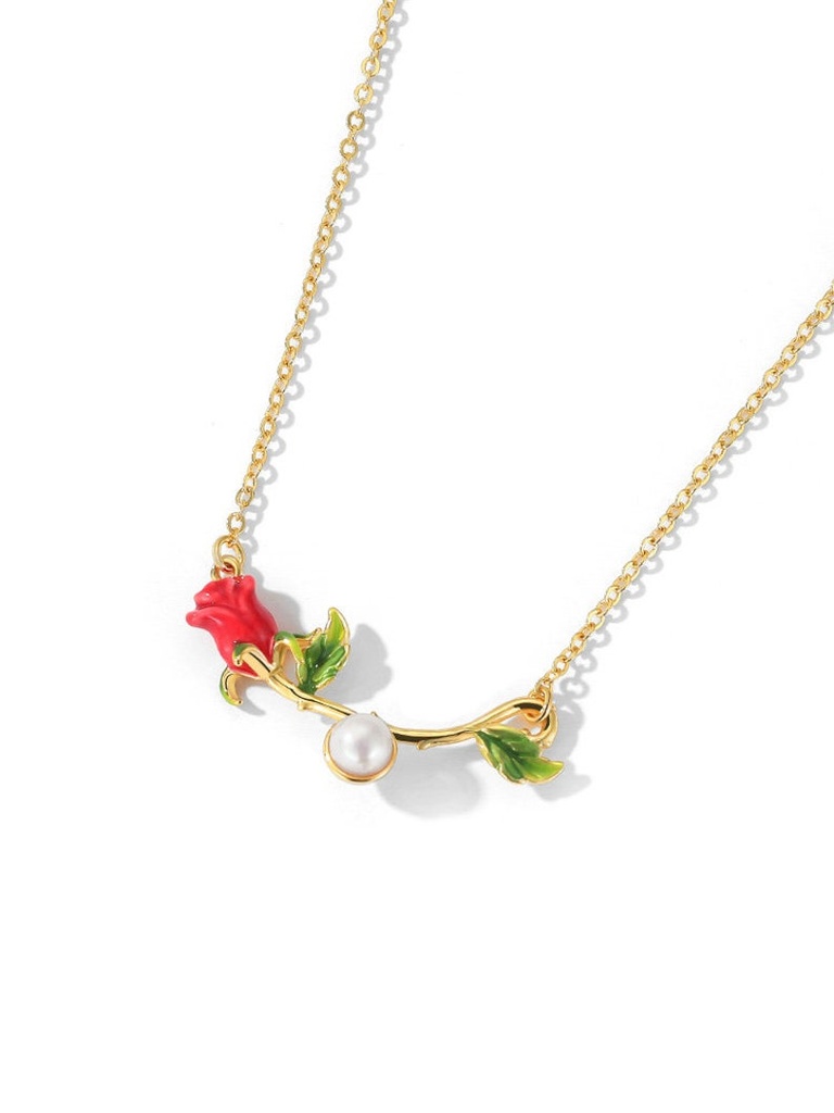 Red Rose Flower Branch With Pearl Enamel Collar Necklace Jewelry Gift