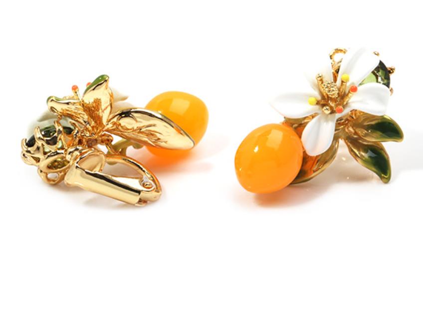 Orange And Orange Blossom Flower Leaf Enamel Earrings