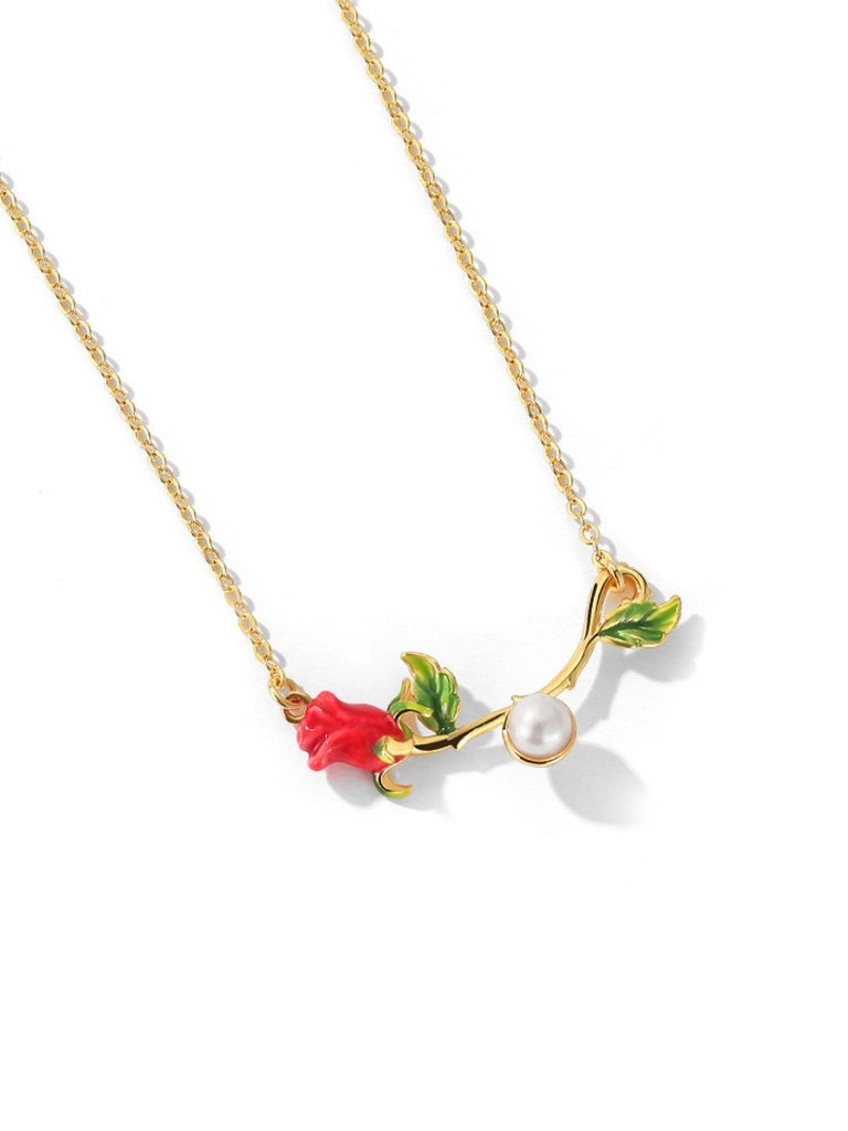 Red Rose Flower Branch With Pearl Enamel Collar Necklace Jewelry Gift