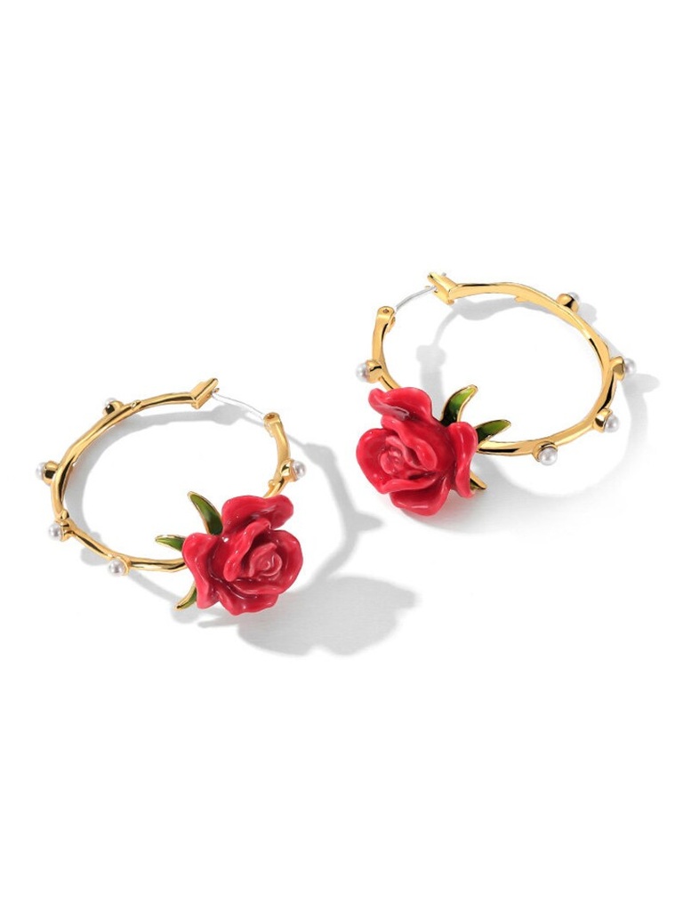 Red Rose Flower And Pearl Enamel Hoop Stud Earrings