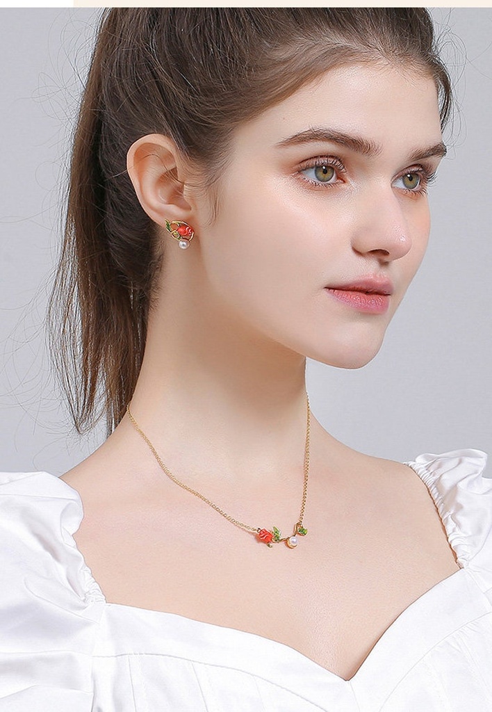 Red Rose Flower Branch With Pearl Enamel Collar Necklace Jewelry Gift