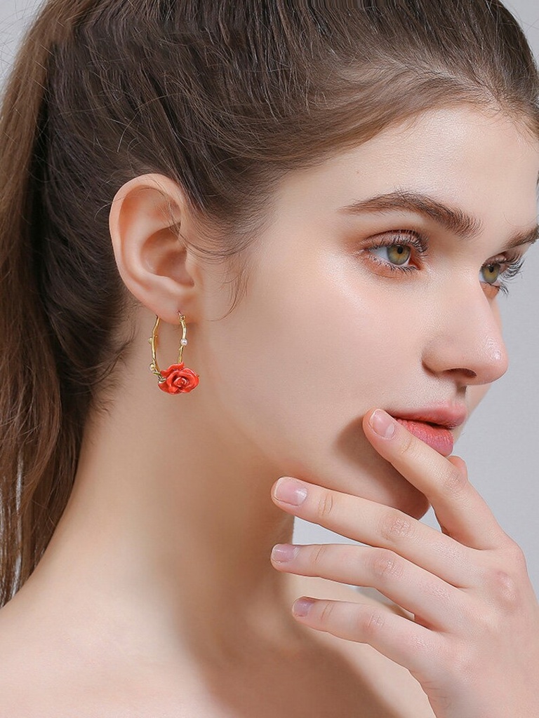 Red Rose Flower And Pearl Enamel Hoop Stud Earrings