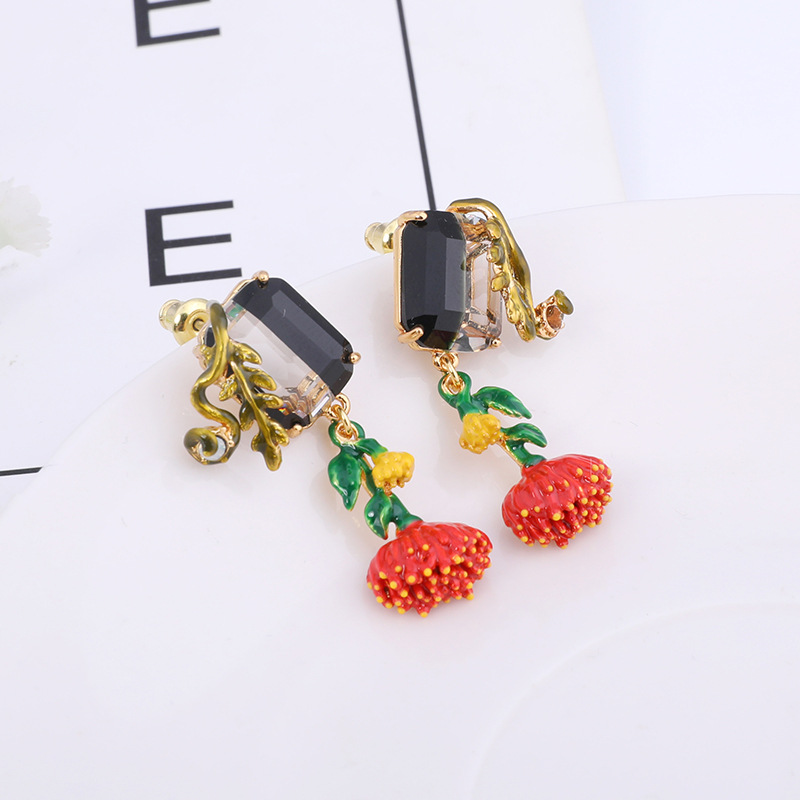Enamel Flower Gem Enamel Earrings Jewelry Stud Clip Earrings