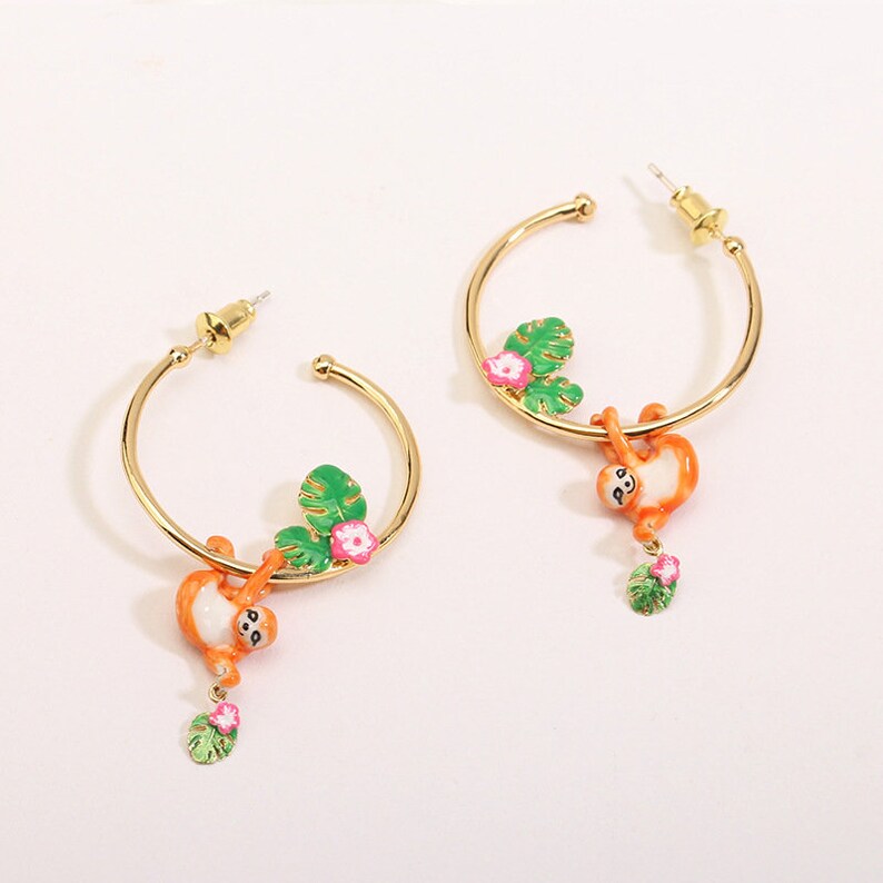 Sloth Green Leaf Pink Flower C Shape Enamel Hoop Earrings Jewelry Gift