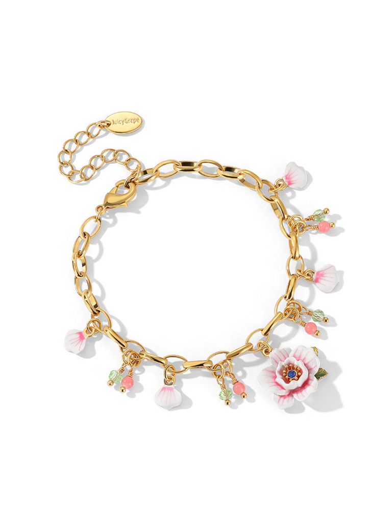 Pink White Rose Flower Enamel Charm Bracelet Jewelry Gift