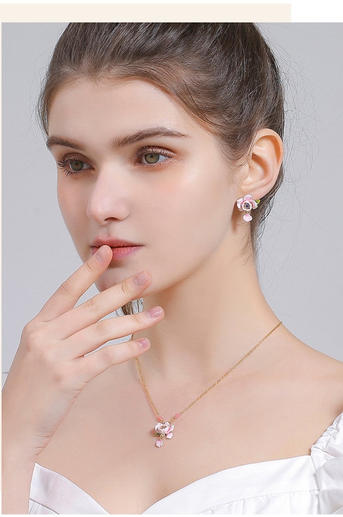 Pink White Rose Flower Petal And Crystal Enamel Dangle Earrings Jewe;ry Gift
