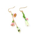 Pink Green Flower Asymmetrical Enamel Hook Earrings Jewelry Gift