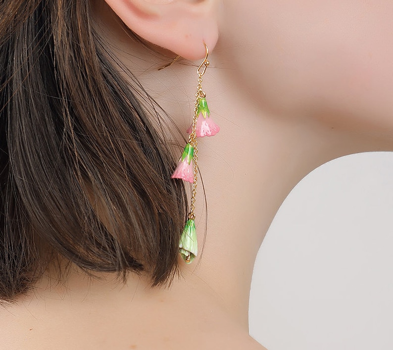 Pink Green Flower Asymmetrical Enamel Hook Earrings Jewelry Gift