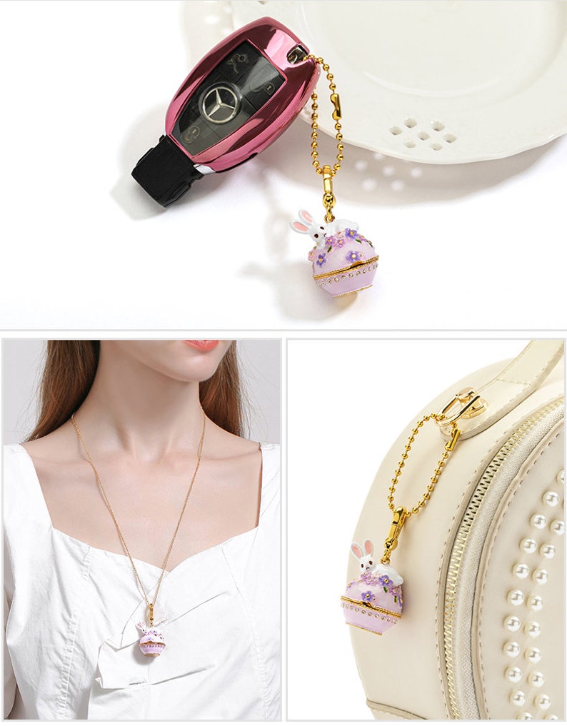 Rabbit Bunny Purple Flower Box Enamel Neclace Key Pendant With Chains