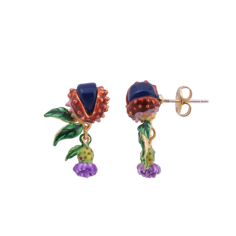 Enamel Flower Sapphire Enamel Earrings Jewelry Stud Clip Earrings