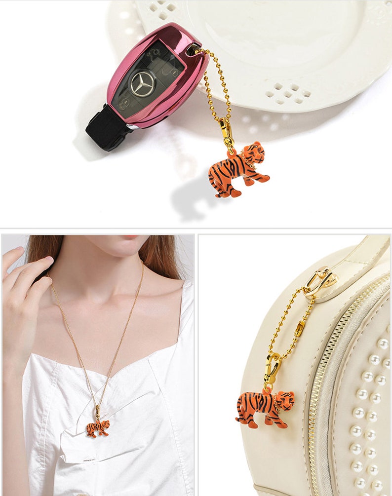 Orange Black Tiger Enamel Necklace Key Pendant With Chains