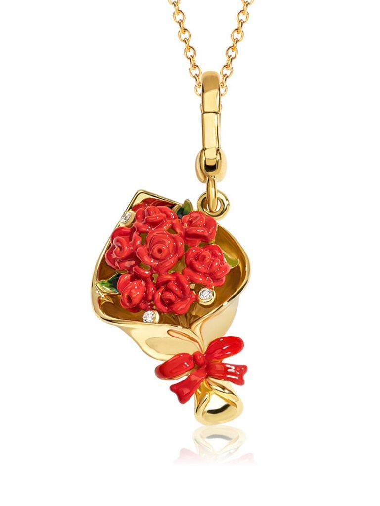 Red Rose Flower Enamel Necklace Key Pendant With Chains Jewelry Gift